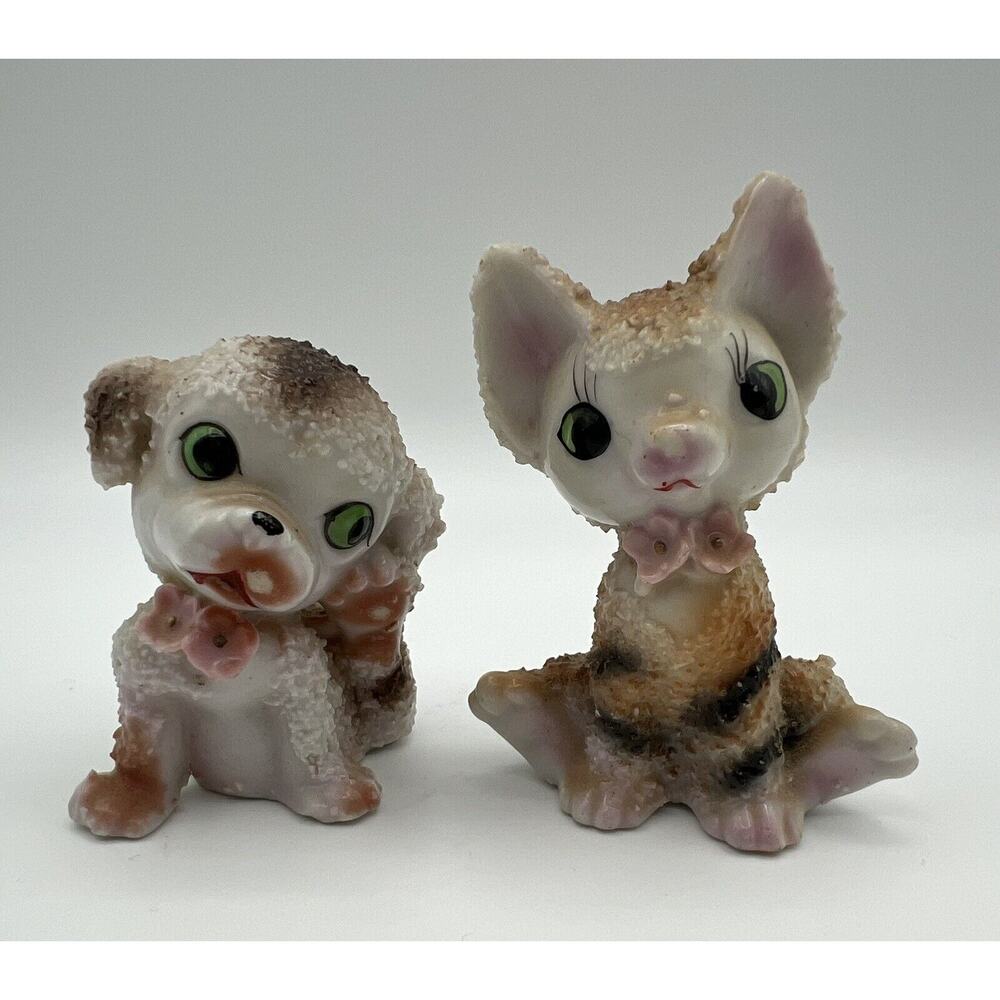 Pair Of Vintage 1950s Cat & Dog Figurine Sugar Glaze Spaghetti Texture Japan
